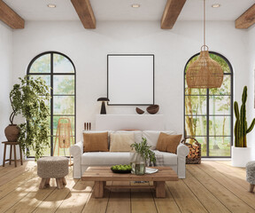 Wabi-sabi living room interior with arch windows and fireplace, 3d render	