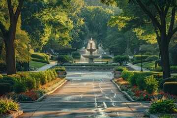 Obraz premium A Pathway Through a Serene Garden With a Fountain at the Center