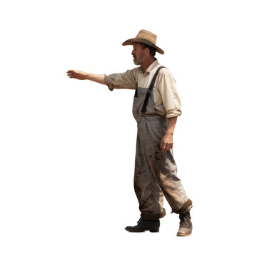 farmer in 1900s america, He is reaching out his hand, height 170 cm, wearing black shoes isolated on transparent background