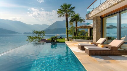 Obraz premium Photorealistic Summer Lakeside Resort | Billboard mockup | Landscape mockup