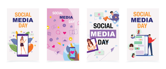Social media day banners collection features diverse characters interacting online, highlighting the vibrant and engaging nature of digital communication