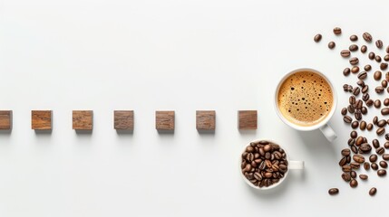 Minimalist Bar Chart with Wooden Blocks, Coffee Beans, and Cappuccino on White Background, Generative Ai