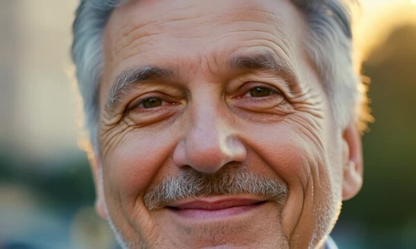 Close-up portrait of an older man with a mustache, smiling warmly. His wrinkled face and gray hair reflect his wisdom and experience