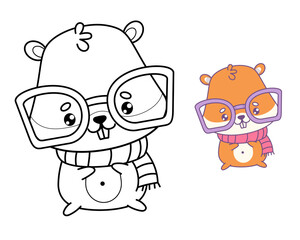 Funny cute hamster wearing glasses and scarf. Cartoon kawaii animal character. Isolated outline and color drawing. Vector illustration. Kids collection, coloring book