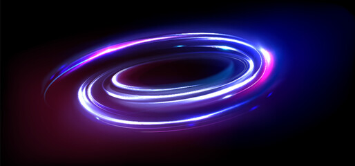 Energy orb with blue and pink neon glow effect. Realistic 3d vector illustration of swirl flare circle on black background. Magic luminous vortex oval portal. Radial spin ellipse or shine power ring.