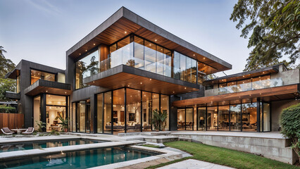 Fototapeta premium A modern home of luxury and geometric design, showcasing the harmony of wood and glass.