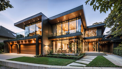 Obraz premium A modern home of luxury and geometric design, showcasing the harmony of wood and glass.