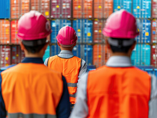 Dockworkers guiding truck loaded with containers, teamwork in shipping, copy space available, focus on all objects, deep depth of field.