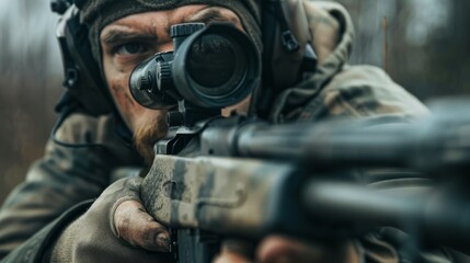 Fototapeta premium Close-Up of a Soldier Aiming a Rifle
