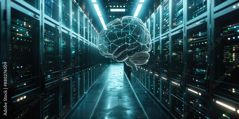 Poster a person walks through a server room, surrounded by computer equipment and shelves of servers