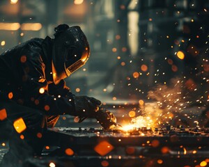 A committed welder works diligently in an industrial environment. Surrounded by fierce sparks