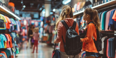 Two teenage girls shopping for school clothes in a store, looking at different options, place for text