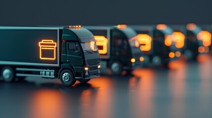 Fototapeta premium Delivery vehicles fleet with glowing package icons, optimized logistics, copy space, focus on all objects, deep depth of field.