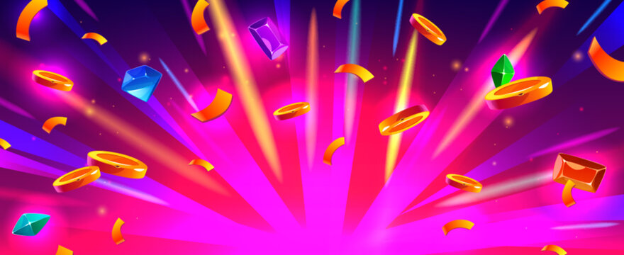 Win pink starburst background with flying golden coins, gemstones and confetti. Cartoon vector bg with explosion effect with treasure. Jackpot winner banner with neon light, splash money and jewelry.
