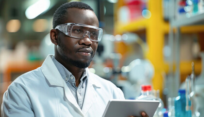 In a laboratory, a man wearing a lab coat and goggles is holding a tablet device