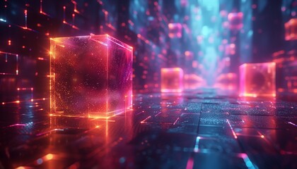 Obraz premium Glowing red and blue transparent cubes in a digital landscape with a circuit board floor.