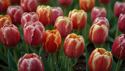 Fototapeta premium Tulip:Background: Tulips are native to Central Asia and were cultivated in the Ottoman Empire before spreading to Europe in the 16th century. They are known for their vibrant colors and distinctive cu