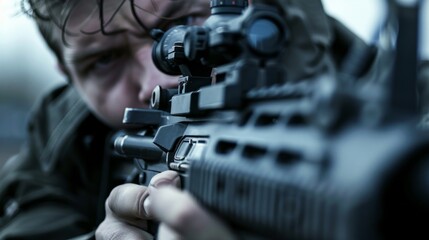 Close-Up of a Man Aiming a Rifle