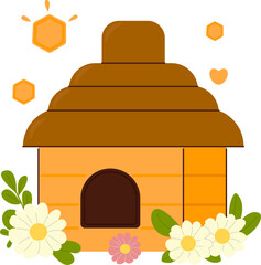 A beehive in the form of a house. A house for honey bees with flowers. A beehive isolate.