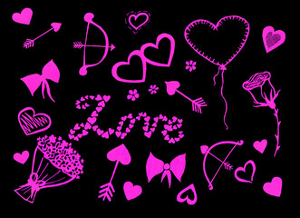 Doodle of different love symbols. Pink on a black background. Cupid's Hearts, Bow and Arrows. Arrows with tips in the form of a heart. Bows, flowers, a heart balloon, a rose on a long stem. Outline.
