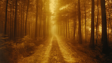 Obraz premium Path through a forest bathed in golden light, creating an ethereal and serene atmosphere. Tall trees line the way, adding depth and a sense of mystery to the scene.