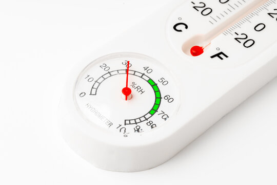 White Thermometer and Hygrometer Displaying Room Temperature and Humidity