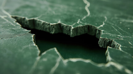 Close-up of a cracked green surface, revealing jagged edges and deep crevices. The image highlights the rough texture and intense detail of the broken material.