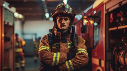 Obraz premium Confident Firefighter in Full Gear Standing at Fire Station