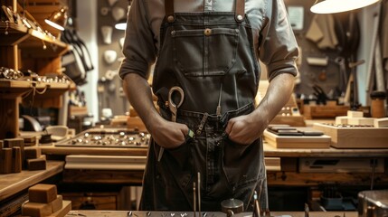 Fototapeta premium Skilled Jeweler in a Jewelry Store Surrounded by Tools and Pieces with Hands in Pockets