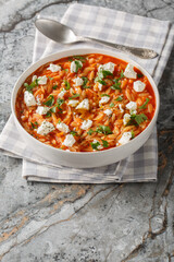 Greek pasta kritharaki or orzo with tomato sauce, feta, onion and herbs closeup on the plate on the table. Vertical