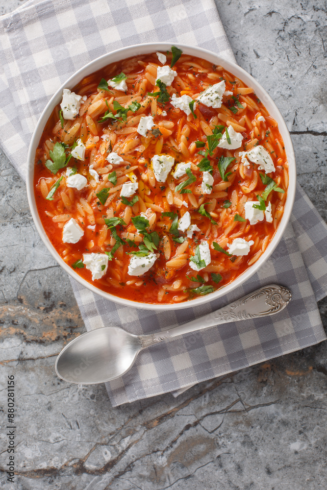 Wall mural greek pasta kritharaki or orzo with tomato sauce, feta, onion and herbs closeup on the plate on the 