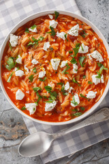 One-pot Greek orzo kritharaki with tomatoes and Feta cheese is a delicious weeknight dish and a comfort food in Greece closeup on the plate on the table. Vertical top view from above