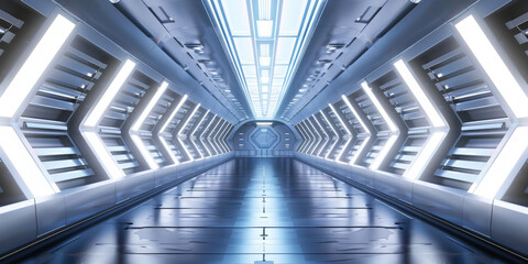 Obraz premium Futuristic Sci Fi Corridor with Neon Lights and Metallic Design