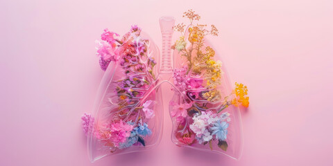 Obraz premium Human Lungs with Colorful Flowers on Pink Background, Symbolizing Health and Wellness