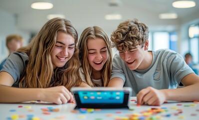 Three cheerful students having fun with a tablet in a bright classroom