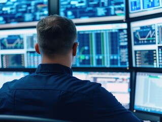Fototapeta premium Manager optimizing travel routes in control room for efficient drops, transportation logistics with copy space, focusing on objects, deep depth of field.