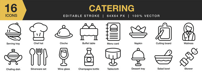 Set of 16 Catering icon set. Editable Stroke Icon Collection. Includes buffet table, cloche, chef hat, menu card, napkin, and More. Outline icons vector collection.