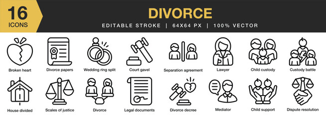 Set of 16 Divorce icon set. Editable Stroke Icon Collection. Includes broken heart, court gavel, child support, divorce, lawyer, and More. Outline icons vector collection.
