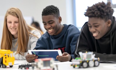 Three students in classroom working on a project, using tablet, and smiling