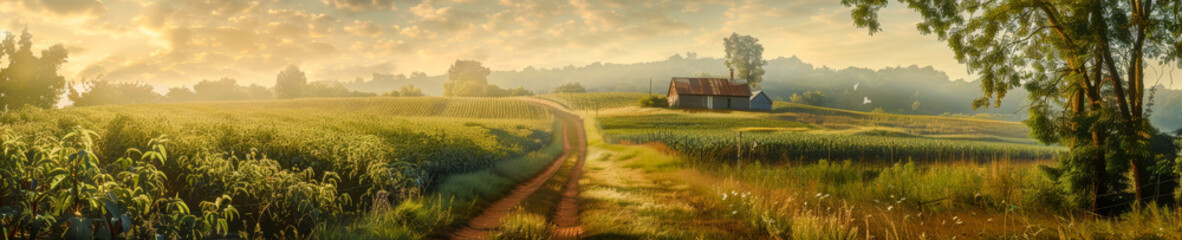 Obraz premium Scenic Countryside Landscape with Farmhouse at Sunrise and Dirt Road