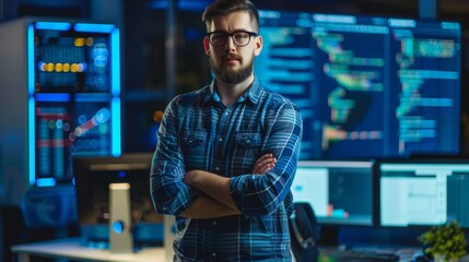 Fototapeta premium Confident Software Developer in Tech Hub Surrounded by Code and Computers