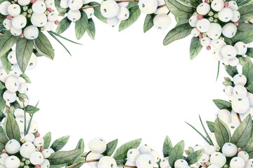 Fototapeta premium Horizontal or vertical snowberry frame template with branches and white berries watercolor isolated illustration with copy space. Hand drawn Christmas plant botanical clipart