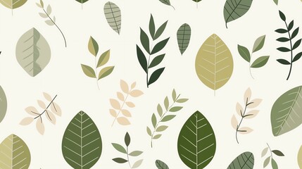 Seamless botanical pattern featuring various green and beige leaves. Ideal for fabric design, wallpapers, or greeting cards.