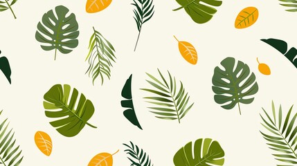 Seamless pattern with tropical leaves. Green and yellow foliage on a light background. Ideal for summer designs and nature-themed projects.