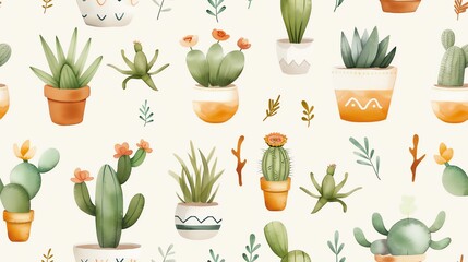 Seamless pattern of various cactus and succulent plants in colorful pots on a light background. Perfect for home decor and textile designs.