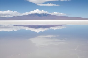 Stunning mirror effect of water covered with a thin layer of salt, highlighting natural wonders, travel, and unique landscapes with ample copy space.