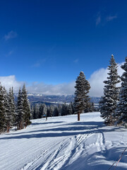 Capture the thrill of skiing in Aspen, Colorado, with this stunning image of a pristine, snow-covered slope against a backdrop of majestic mountains. Perfect for travel brochures and winter sports pro