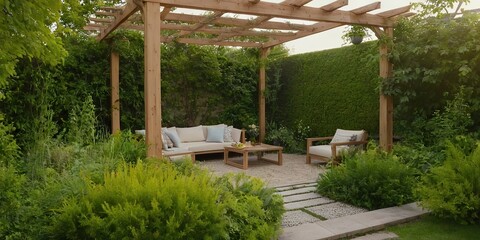 Obraz premium Pergola with outdoor and patio furniture for relaxing after a long day 