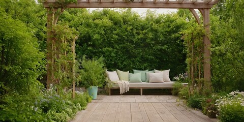 Obraz premium Pergola with outdoor and patio furniture for relaxing after a long day 