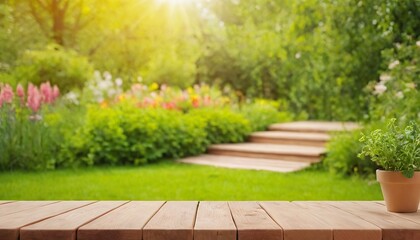 Empty wooden table with party in garden background blurred 191